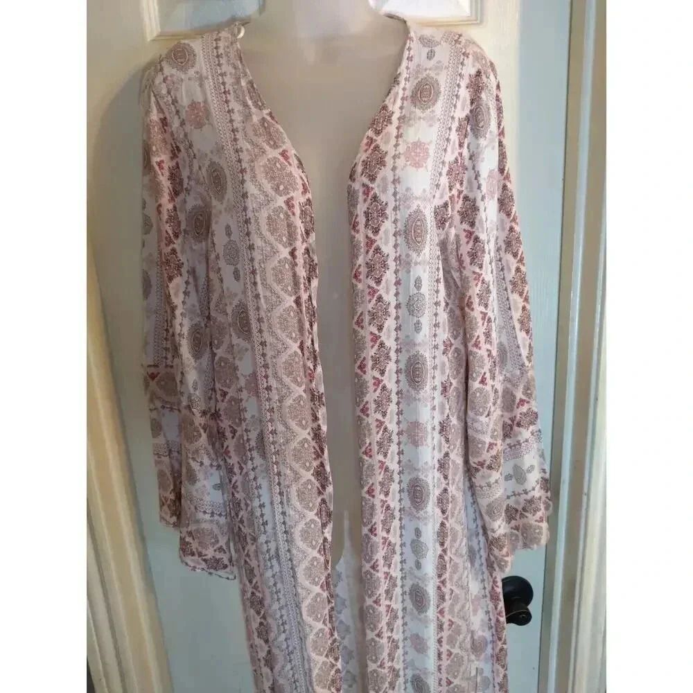 Papermoon Long Cardigan Pink White Geometric Pattern Open Sz S New Boho Peasant